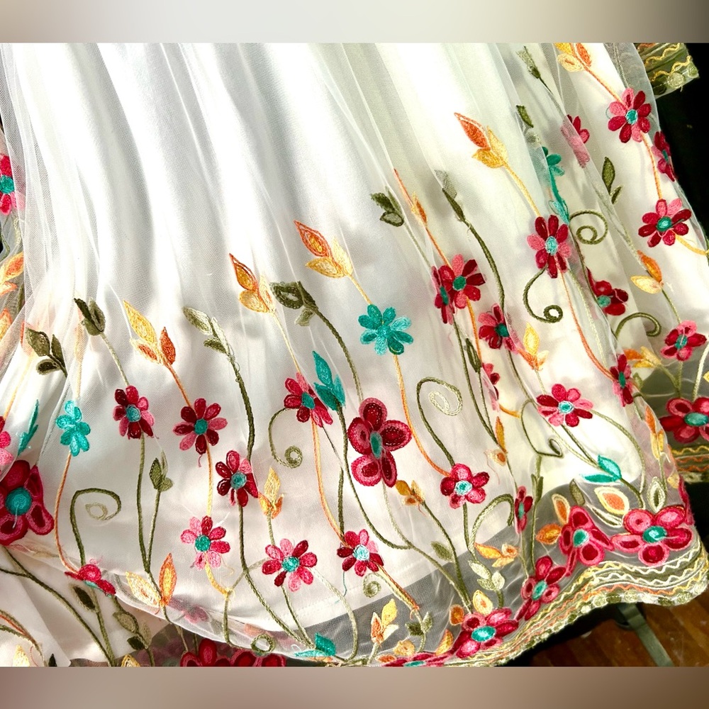 The Moon White, Multi Floral Embroidered Dress w/ Sheer Sleeves, Size S - Picture 3 of 8